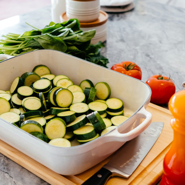 Baking casserole dish on a kitchen counter.