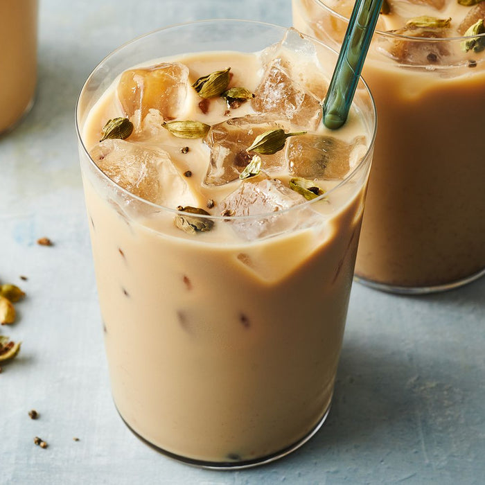 Chai latte powder used in a glass with ice.