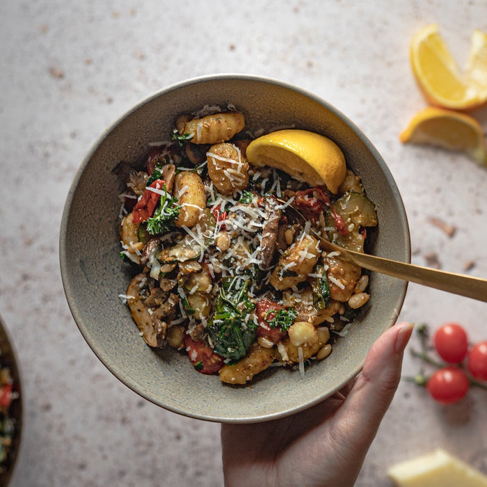 Cooked gnocchi in a bowl.