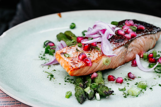 Cooked salmon on a plate.