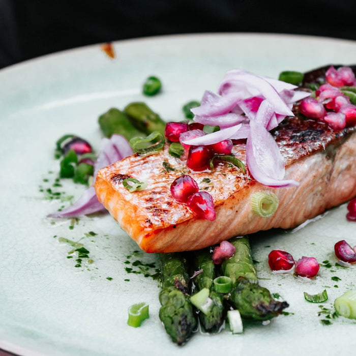 Cooked salmon on a plate.