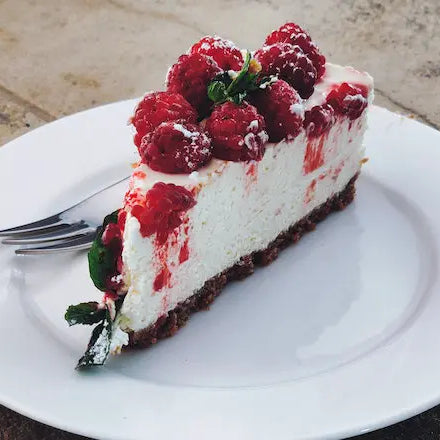 Raspberry and dark chocolate base cheesecake.