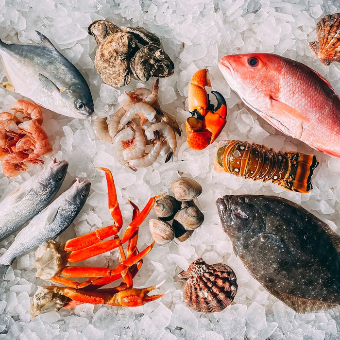 Fresh seafood display in an ice cabinet.