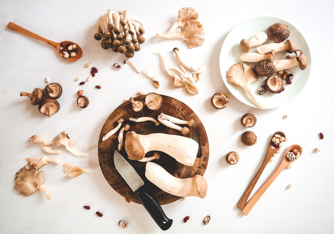 Mushrooms on a kitchen table.