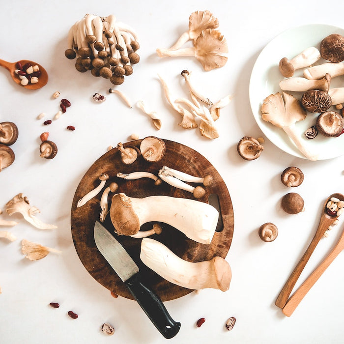 Mushrooms on a kitchen table.