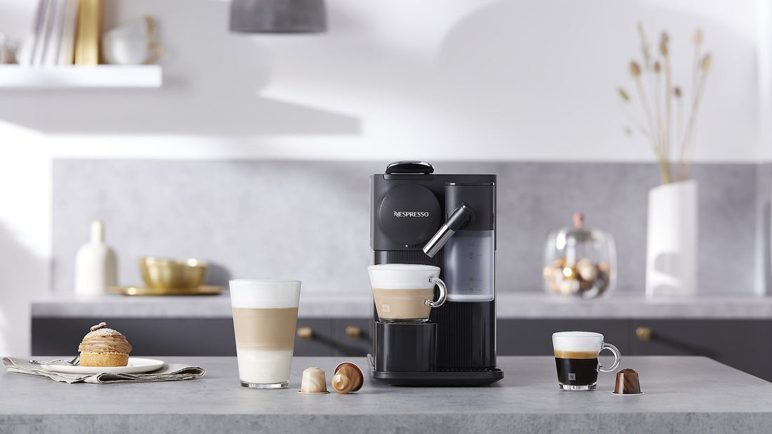 Nespresso machine on kitchen counter with compatible pods.