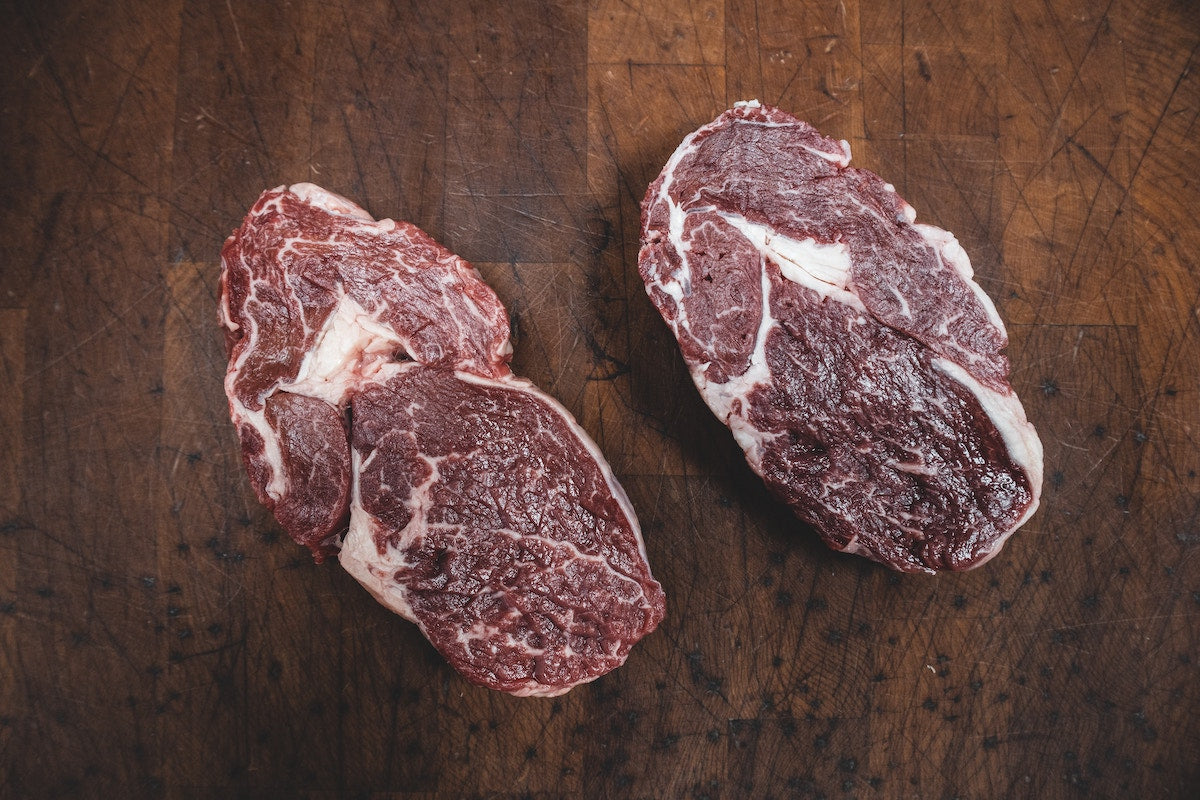 Rib eye on kitchen counter