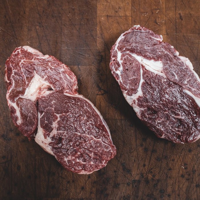 Rib eye on kitchen counter