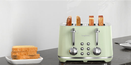 Retro inspired toaster on a kitchen counter.
