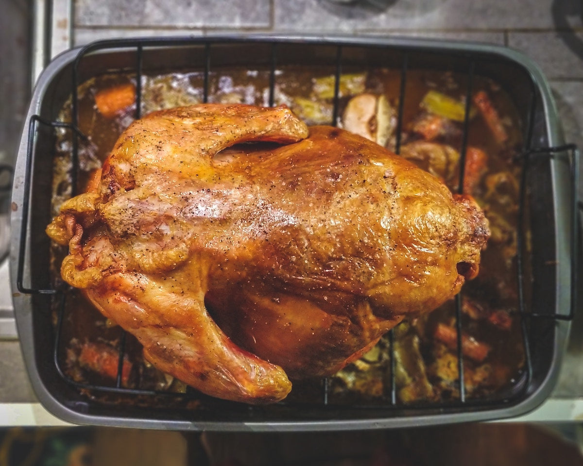 Rotisserie chicken on a tray