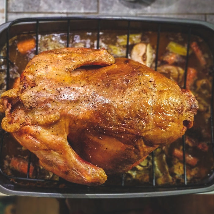 Rotisserie chicken on a tray