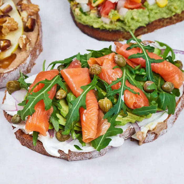 Salmon, cream cheese and rocket on toasted ciabatta.