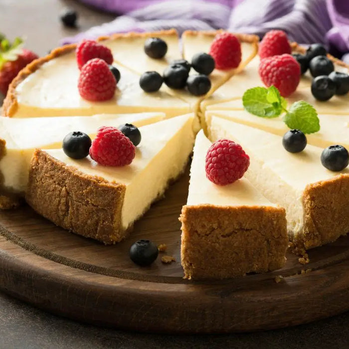 Slices and cutting of a cheesecake.